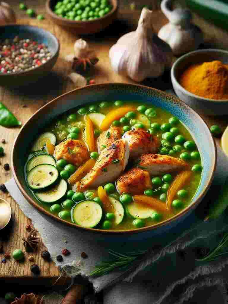 Spiced Pea and Zucchini Soup with Gingered Chicken