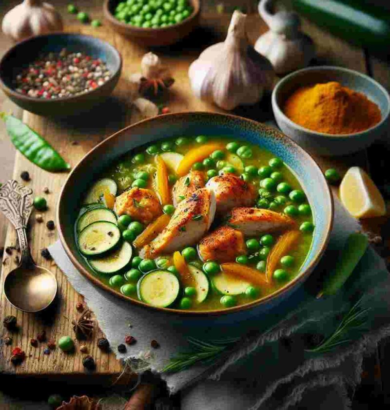 Spiced Pea and Zucchini Soup with Gingered Chicken